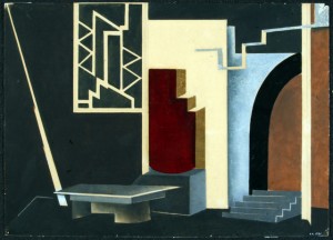 Natan Altman Library in the House of da Silva (set design for Uriel Acosta) (1922), ink, tempera, lacquer and collage on cardboard, A.A. Bakhrushin State Central Theater Museum, Moscow