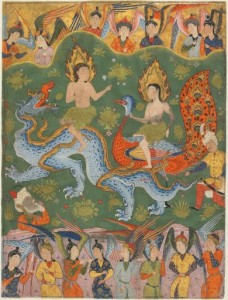 Adam and Eve Expelled from Paradise from the dispersed Falnama (mid 1550s) watercolor, ink, gold on paper, Sackler Gallery