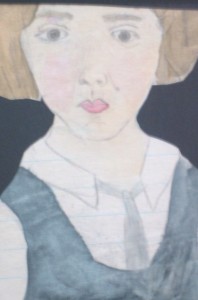 Detail of a grade school self-portrait by Marie Ulmer, pencil and watercolor