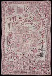 Kantha with auspicious objects, temple cart, and animals, Undivided Bengal, late 19th to early 20th century, Bonovitz Collection