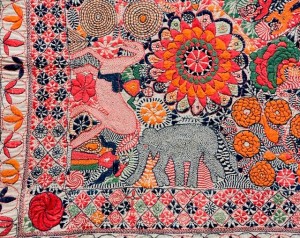 Detail of the corner of a kantha, Faridpur District, 2nd half of the 19th century, Kramrisch Collection, PMA