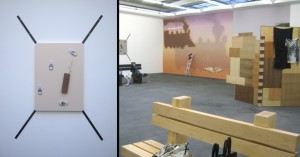 Helen Marten, "Rustic's Ransom (peach)" and installation view of "Take a Stick and Make it Sharp" at Johann König, Berlin