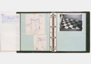 Page from Marcel Duchamp's book of instructions for assembling Etant Donnes; checkerboard linoleum pictured on right.