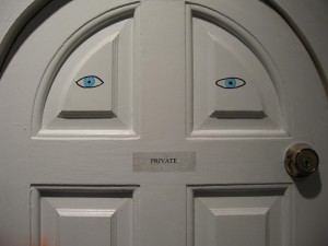 Andrew Jeffrey Wright painted eyes on the Print Center's loo as part of his installation there.