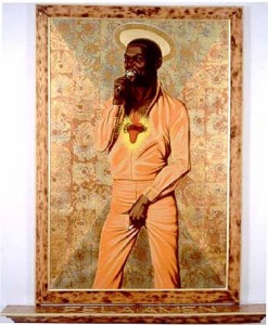 "Fela: Amen, Amen, Amen, Amen," 2002. Oil and variegated leaf on canvas, wooden frame, armature, 66 3/4 x 46 3/4 inches.