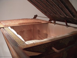 Dumpster Coffin, detail. 2002. satin, foam, steel. 53 x 67 1/2 x 36"