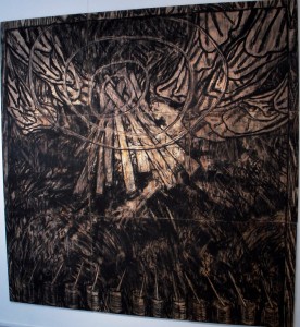 Dustin Metz, Self Signal, charcoal on wood, from Tenuous Magic Parts at Sage Projects