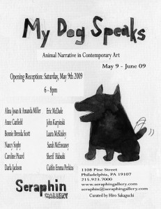 My Dog Speaks at Seraphin Gallery, a 13-artist show devoted to dog narratives. Click on image to read artists' names.