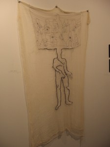Gunes Terkel, The man who carries his family on his head, 2009, embroidered cheese cloth