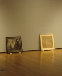 Tooker's laundress painting next to the drawing, waiting to be installed at PAFA.