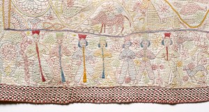 Detail of Shenai (longhorn) players on a Kantha from Undivided Bengal, 2nd half of the 19th century, Bonovitz Collection