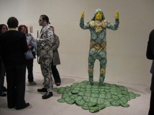 Gregory Labold, Mr. Green is Very Mean in This Scene, fabric, silscreen, Nikes, spray paint, plaster, 6 feet 6 inches, x 4 feet x 6 feet, 2008; next to Mr. Green stands Mr. Labold.
