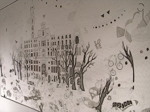 Annette Monnier's massive ink on paper drawing of City Hall and the rest of her world at Copy Gallery. Low-lighting in the gallery made for dark pictures. Click it big to see detail.