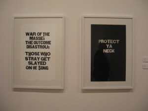 Matt Neff's two Wu Tang Clan-inspired works, GZA 2009 letterpress, 28.5 x 20.5 inches (left); Protect Ya Neck, 2009, etching, 28.5 x 20.5 inches (right)