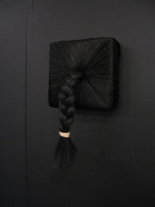 Ioana Nemes' scalp-like object in her faux museum display at Jiri Svestka gallery.