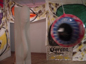 Nick Paparone's installation at Vox Populi with the revolving eyeball/wrecking ball in the center