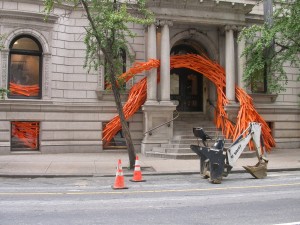 Orange sticks weave their way in and out of the anthropologie store at 18th and Walnut.