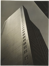 Lloyd Ullberg (American 1904-1996), PSFS Building, Philadelphia, c. 1932-33. Gelatin silver print, 10 x 7 3/8 inches. Philadelphia Museum of Art: Purchased with the Lola Downin Peck Fund, 1999.