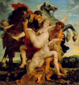 Rubens, Peter Paul The Rape of the Daughters of Leucippus c. 1618 Oil on canvas 88 x 82 7/8 in (224 x 210.5 cm) Alte Pinakothek, Munich