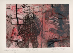Shelley Thorstensen, Guys and Dolls, 2005. Italaglio, etching, silk screen, chin colle, lithograph. One of the items available at the raffle.