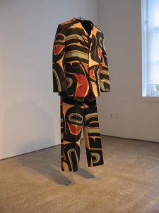 Tommy Joseph's prototype 3-piece suit, hand-painted w/ FWM artists, the imagery based on traditional Tlingit imagery, also on display along with masks that, with the suit, will be used in performance.