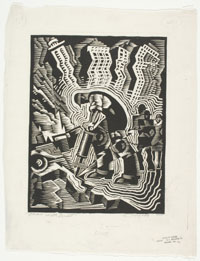 Charles Turzak (American, 1899-1986), Man with Drill, 1935-42. Woodcut, 12 1/8 x 9 3/8 inches. Philadelphia Museum of Art: Purchased with the Lola Downin Peck Fund from the Carl and Laura Zigrosser Collection, 1982.