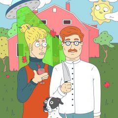 Digital illustration of a man holding a knife and a woman holding a glass of red wine with their dog in-between them. They stand in front of a pink house in a green lawn with a sun and a UFO in the sky.