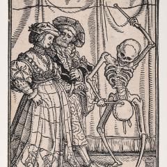 Ink print of a couple walking arm in arm as a skeleton dances and plays a percussion instrument as they pass.