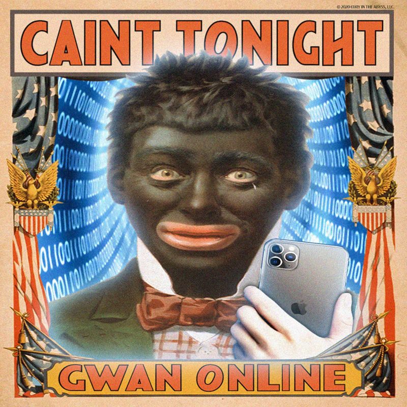 A boy in blackface taking a mirror selfie with caption "CAIN'T TONIGHT / GWAN ONLINE"
