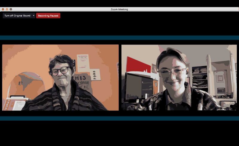 Stylized screenshot of Roberta (left) and Morgan (right) chatting on Zoom.