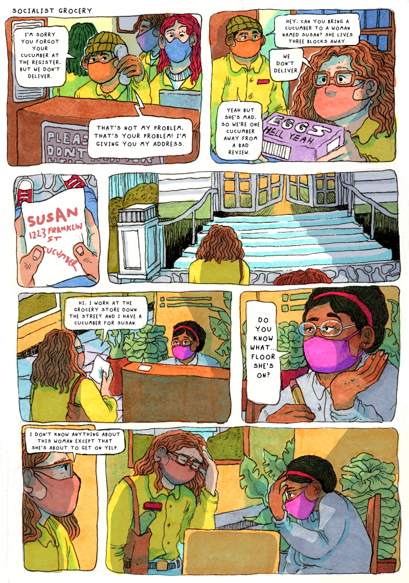 8 panel comic from the series "Socialist Grocery" by Oli Knowles