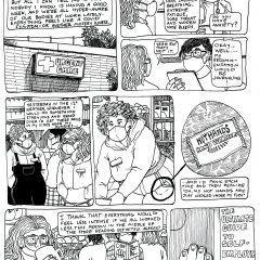 Seven panel comic from the series "Socialist Grocery," in which Sebastian recounts a bad week involving Covid scares, cold weather problems, and a weird customer observation.