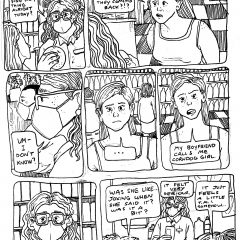 In a 7-panel comic from Socialist Grocery by Oli Knowles, Sebastian has an uncomfortable encounter with a customer at work.