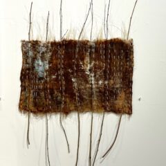 A dark, animal-pelt-like fiber art work sits on a white wall, with thin twigs running through the fiber and sticking out on top and bottom and with hand stitching in white thread that funs vertically mimicking the twigs movement through the piece.