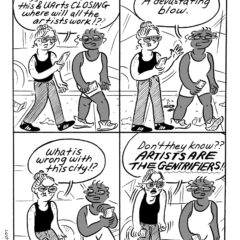 A four-panel, black-and-white comic titled 3:00, meaning three o’clock, or, a low spot in the day, shows two women, one Black, one white walking down a litter-strewn street talking about business closures in PHiladelphia.