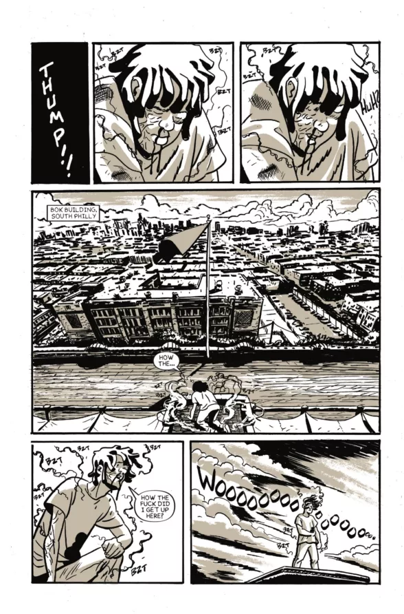 A 6-panel comic book page from ‘Nose Bleed’ shows a sequence where a person lands on the top of the Bok Building in South Philadelphia, not knowing how they got there.