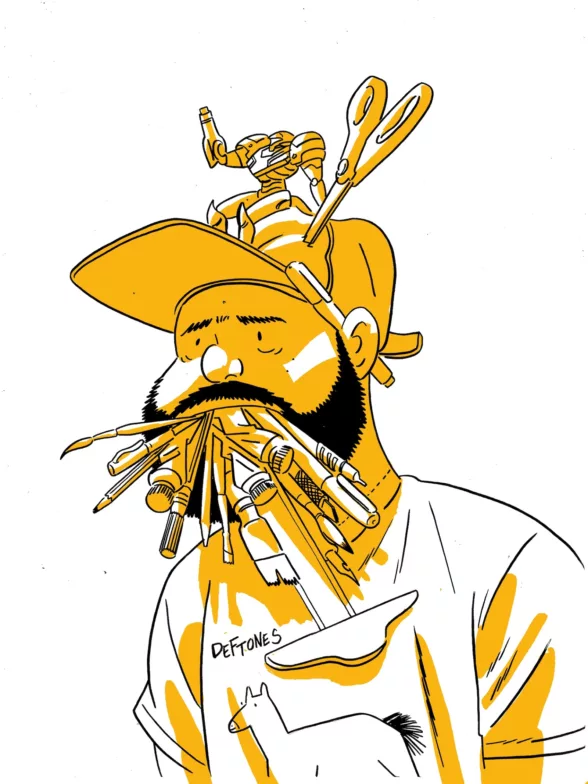 A comic self portrait of the artist Derick Jones in orange, black and white shows the head and upper chest and shoulders of a man wearing a beard and a baseball cap, with his mouth stuffed with drawing supplies, pens, pencils, tubes of paint, brushes and a ruler.