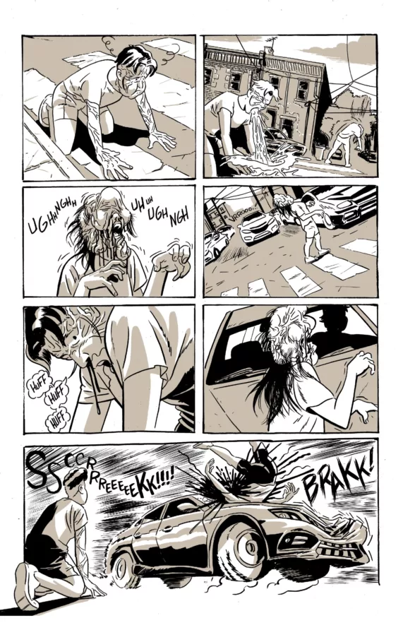 A 7-panel comic shows a sequence of a person, Tilda, on all 4s in the street and puking and her nose bleeding, while another person’s head is exploding as they walk, zombie-like, into a speeding car. 