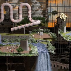 A crisp, video-game-like image shows table-top landscapes, including one with a roaring river and a waterfall spilling over the edge of the table, while nearby, people gather in a plaza. Like video games, there are several levels and it appears to get to them you would need to jump across a void of space.