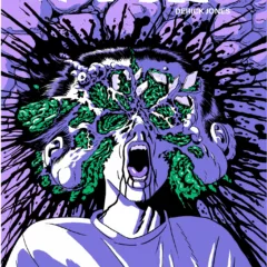 A book cover, primarily in purple, with green, black and white highlights and white words, shows a comic drawing of a person in a t-shirt their face seeming to explode with their mouth open and splatters of green internal matter and black blood radiating from the head and splattering in a starburst pattern.