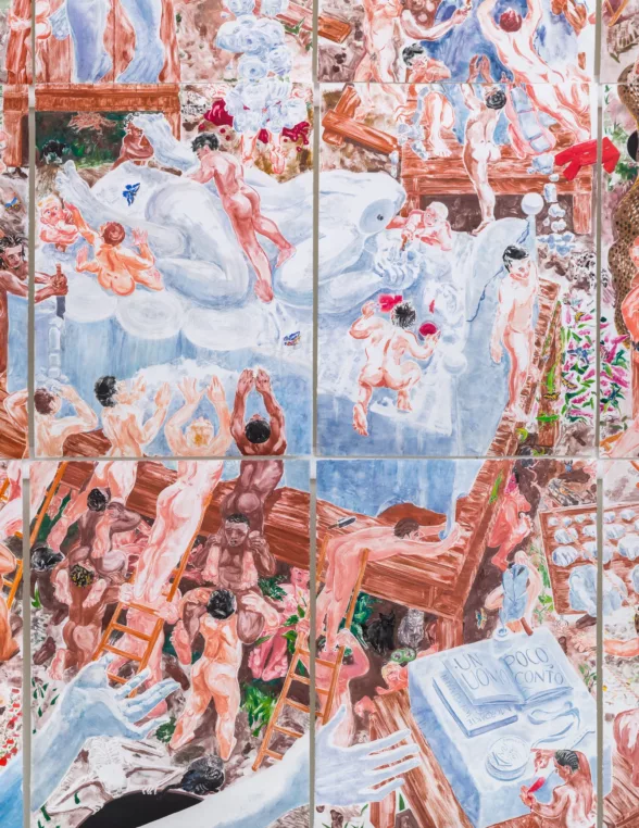 A detail of a 27-panel art work shows a pale blue central image of a nude and decapitated sleeping figure that is a statue on a bed, with a swarm of tiny nude pink figures climbing on the statue and others trying to get up to the bed, which is alone in a space separated from the others by a chasm. 