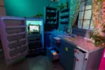 In the kitchen, visitors encounter videos and hidden treats in drawers and cabinets. When activated, a video plays in the window followed by the song, “Cannibal’s Soup,” which plays from the fridge.