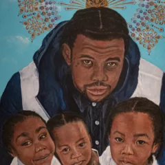 An acrylic painting shows a Black man hugging with three small children, and all of them are looking up and smiling at the person taking the picture.