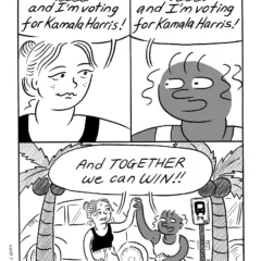 A three-panel black-and-white comic shows two women, one black, one white, talking about Kamala Harris.