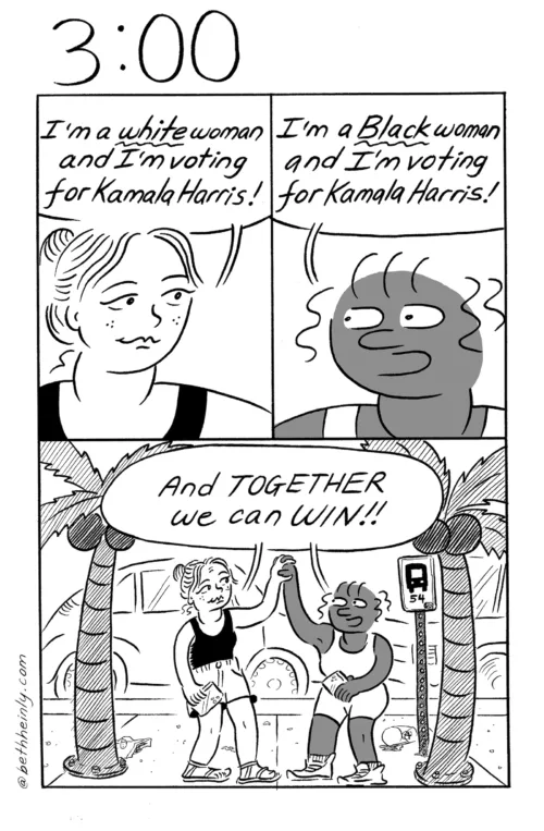 A three-panel black-and-white comic shows two women, one black, one white, talking about Kamala Harris.