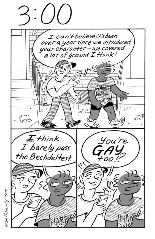 A black-and-white comic in three panels with the title at the top, 3:00, meaning three o’clock in the afternoon, or a low point in the day when pranks happen, shows a Black and white woman walking down a littered city street talking about the Bechdel test.