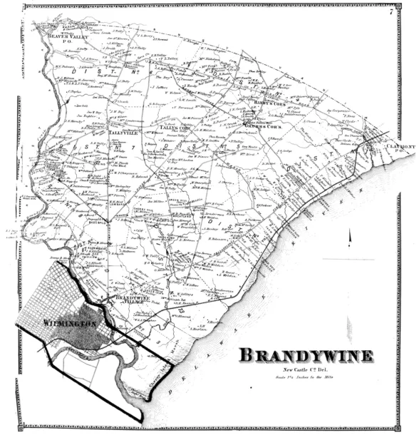 A black and white map shows “Brandywine Hundred,” a geographic designation of a part of the state of Delaware near bordering Pennsylvania.