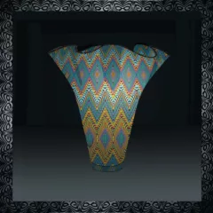 A very beautiful and light-filled glass vase is surrounded by a dark black and gray background and a patterned border.