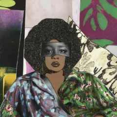 Mickalene Thomas. Afro Goddess Looking Forward (detail), 2015. Rhinestones, acrylic, and oil on wood panel. © 2024 Mickalene Thomas