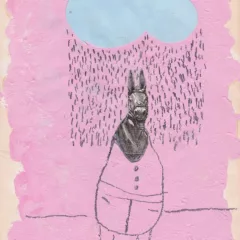 A cartoonish painting with pink, blue and pencil show a rotund person with a head of a laughing horse collaged on stopping to laugh while a blue cloud opens up and a curtain of rain descends just over the horse-person.